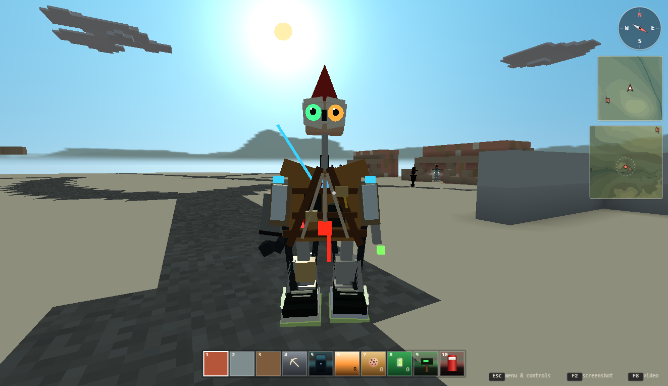 A robot character with green and amber eyes stands in the block-built world of AkiyaBlocks.